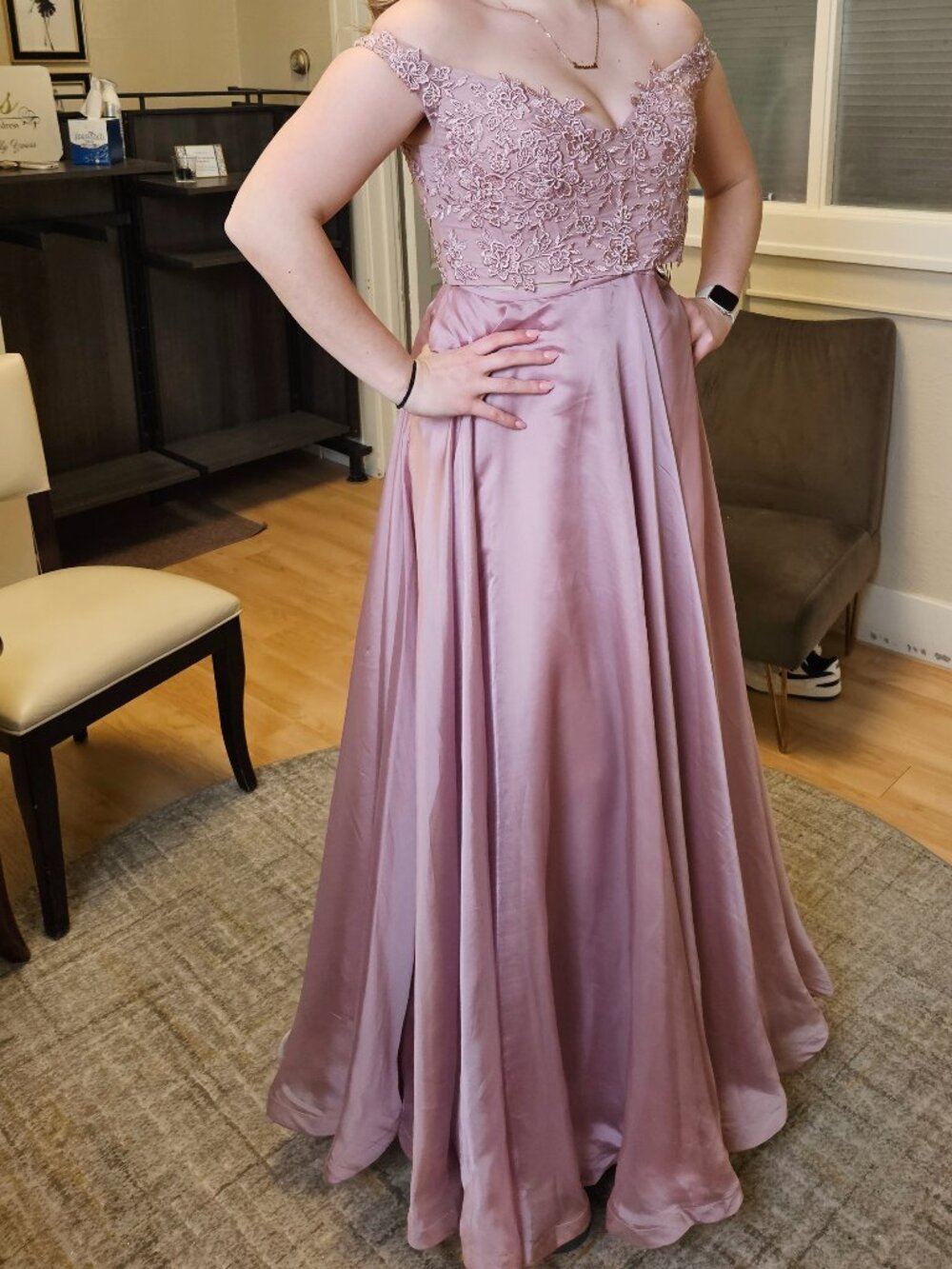 Size 10 mauve off shoulder lace applique corset style bodice gown by La Femme NW